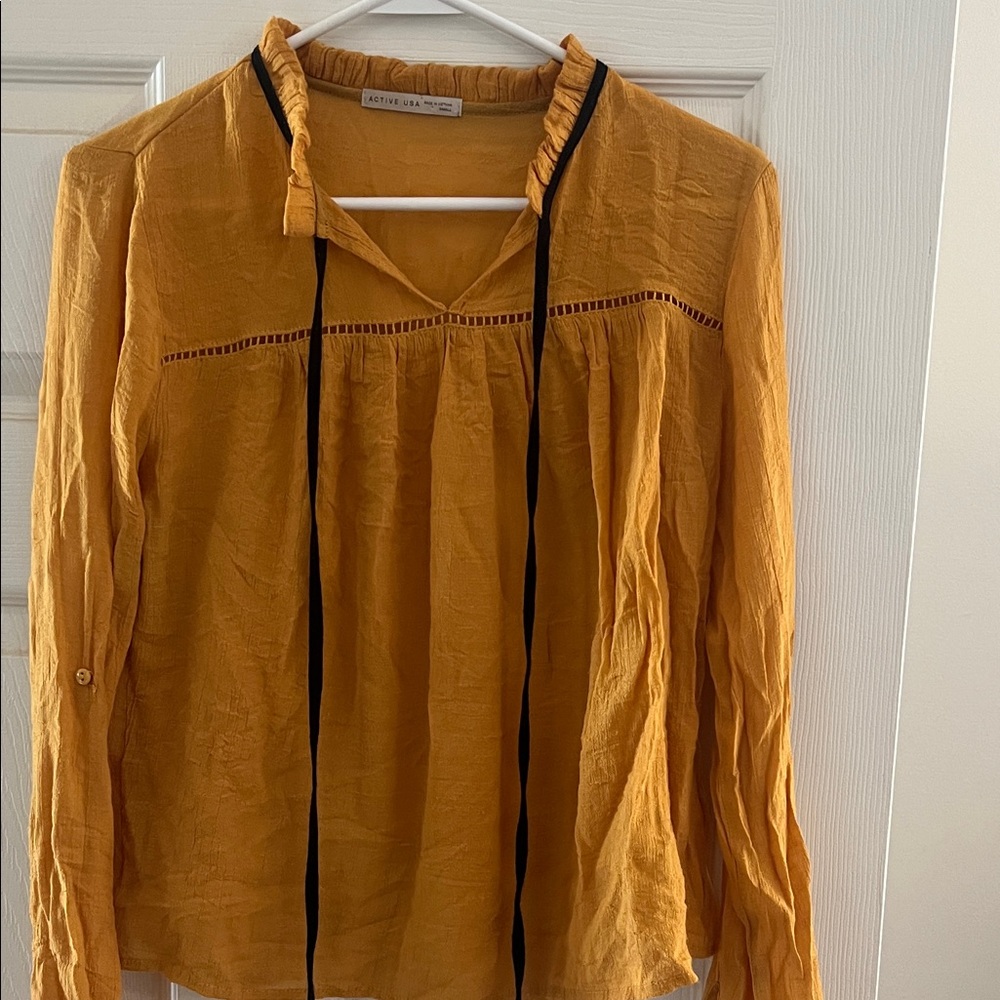Anthropologie Mustard Blouse with Black Trim